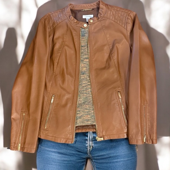 Vintage Calvin Klein Women’s Size XL Cognac Brown Vegan Leather Moto Jacket - Picture 1 of 7